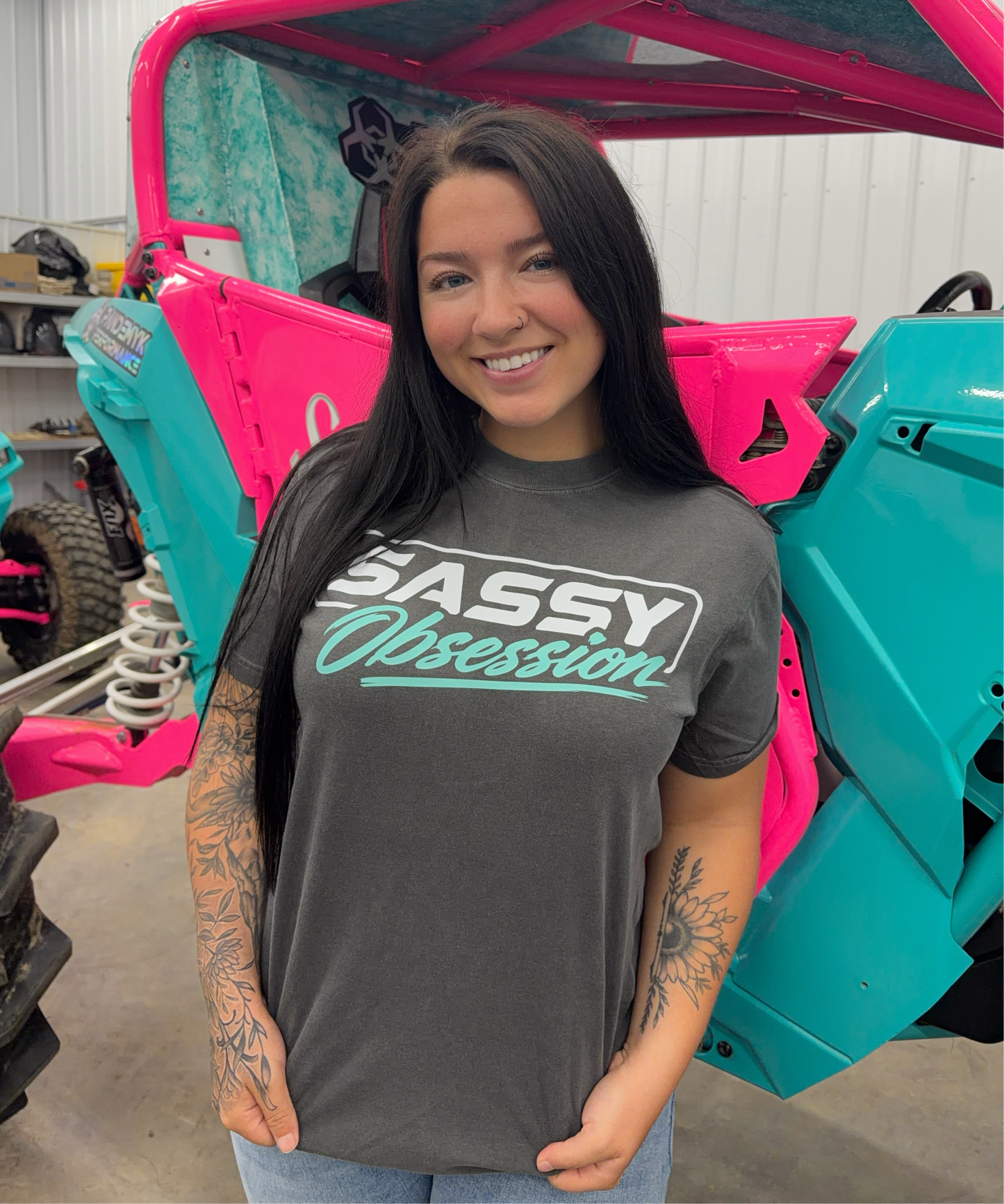 Retro Sassy Tee - Grey W/ White & Teal